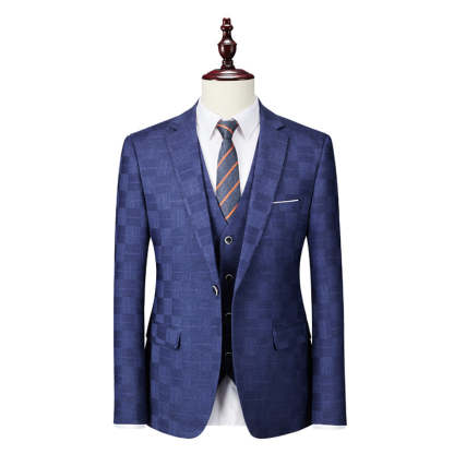 Men's Tailored Fit Single Breasted One-Button 3-Piece Plaid Wedding Suit In Blue Burgundy Black