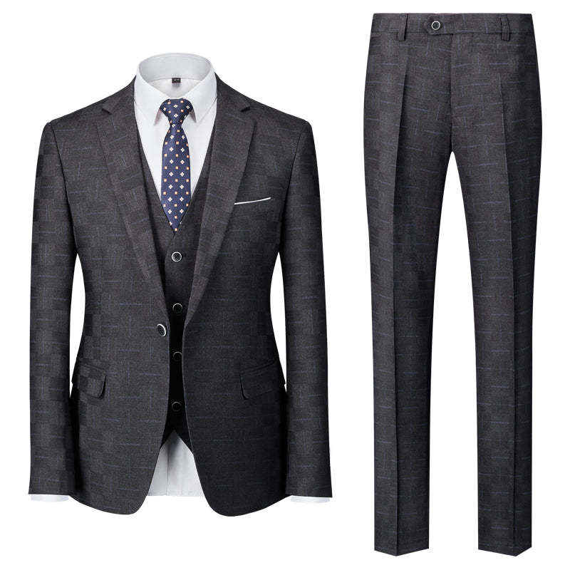 Men's Tailored Fit Single Breasted One-Button 3-Piece Plaid Wedding Suit In Blue Burgundy Black