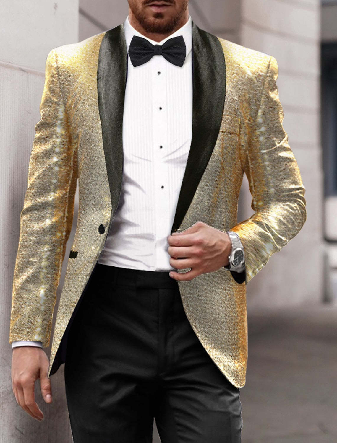 Men's Tailored Fit Single Breasted One-Button Sequins Party Jacket In Gold Red Blue And Silver