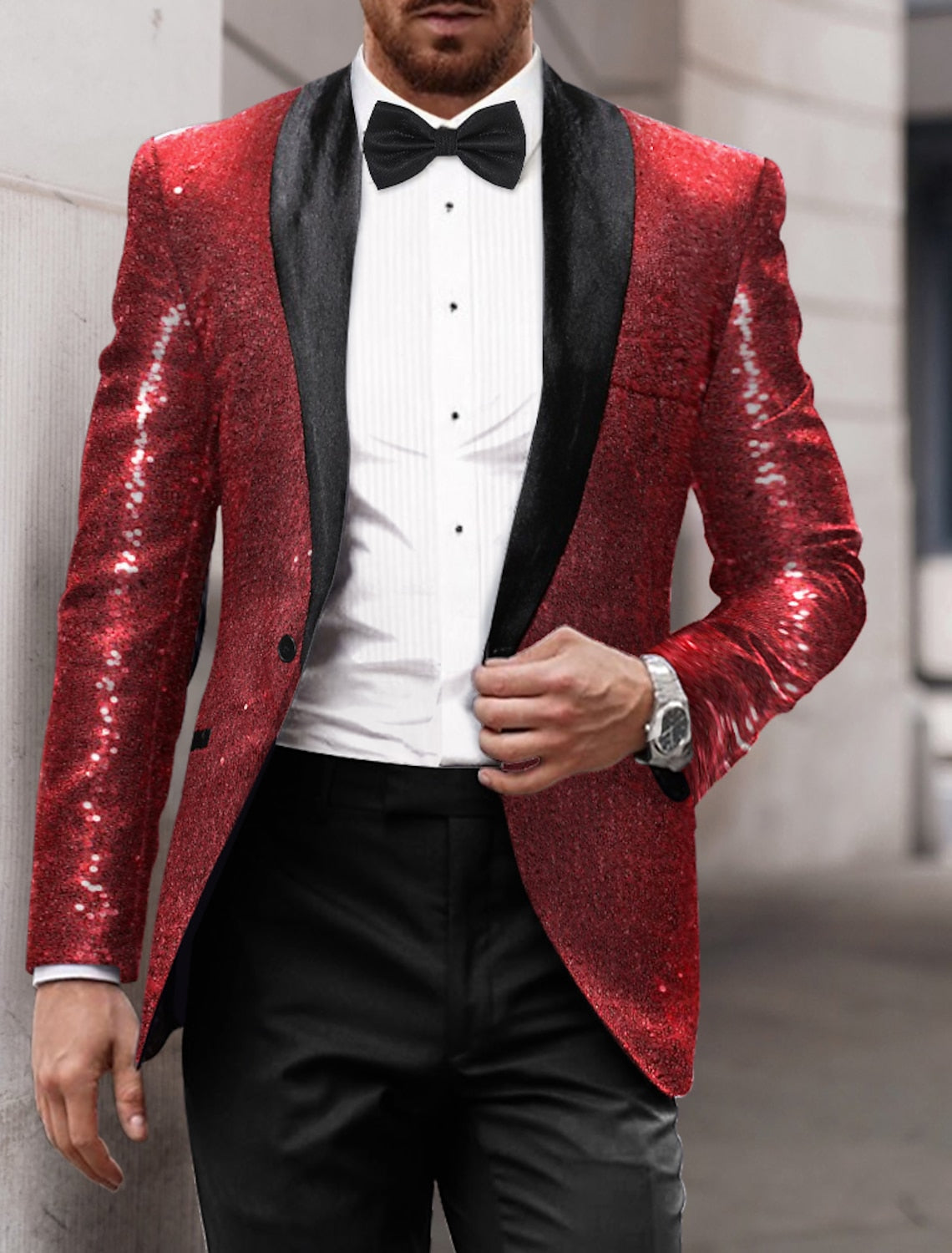 Men's Tailored Fit Single Breasted One-Button Sequins Party Jacket In Gold Red Blue And Silver