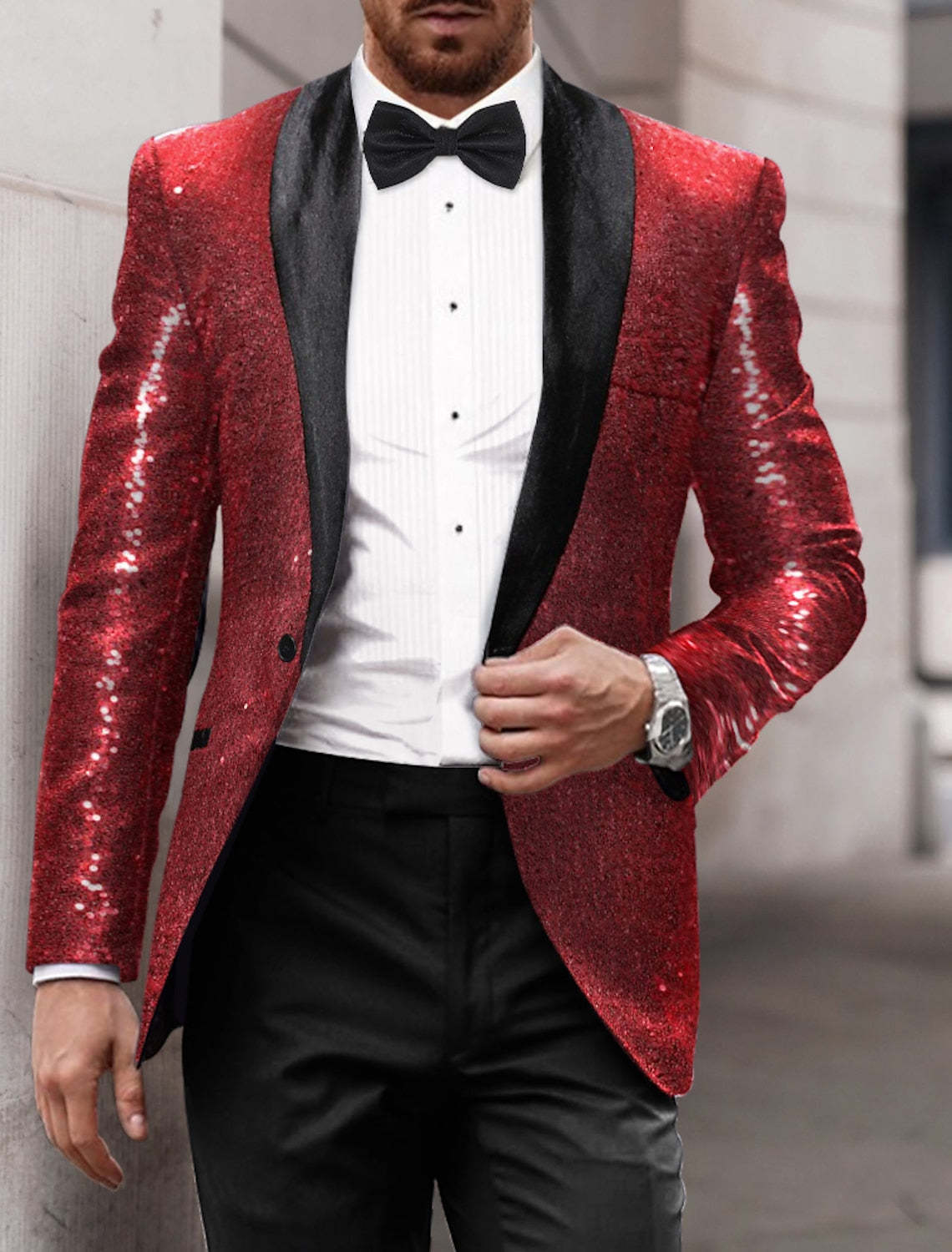 Men's Tailored Fit Single Breasted One-Button Sequins Party Jacket In Gold Red Blue And Silver