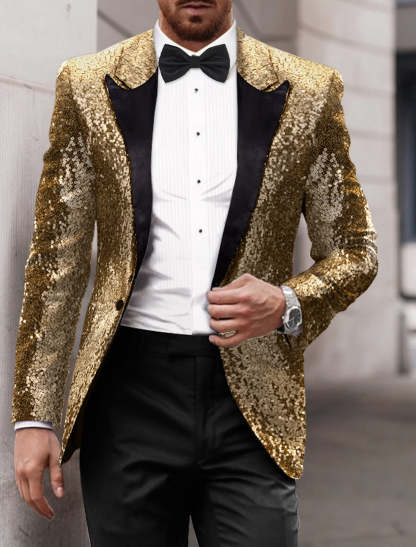 Men's Tailored Fit Single Breasted One-Button Sequins Party Jacket In Gold Red Blue Gray And Purple