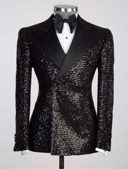 Men's Tailored Fit Double Breasted Six-Button Sequins Party Jacket In Gold Pink Orange Silver And Black-BMbridal.UK