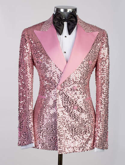 Men's Tailored Fit Double Breasted Six-Button Sequins Party Jacket In Gold Pink Orange Silver And Black-BMbridal.UK