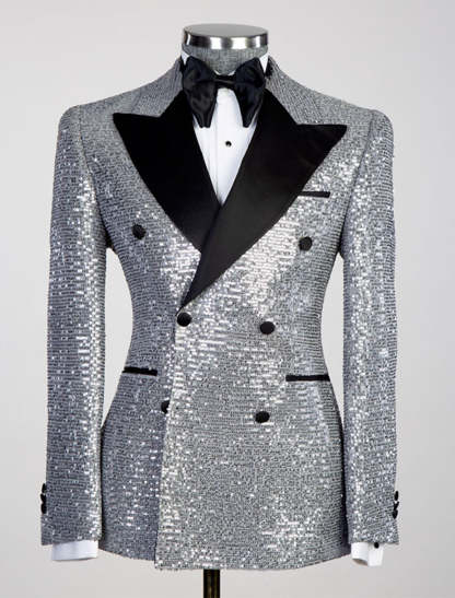 Men's Tailored Fit Double Breasted Six-Button Sequins Party Jacket In Gold Pink Orange Silver And Black-BMbridal.UK