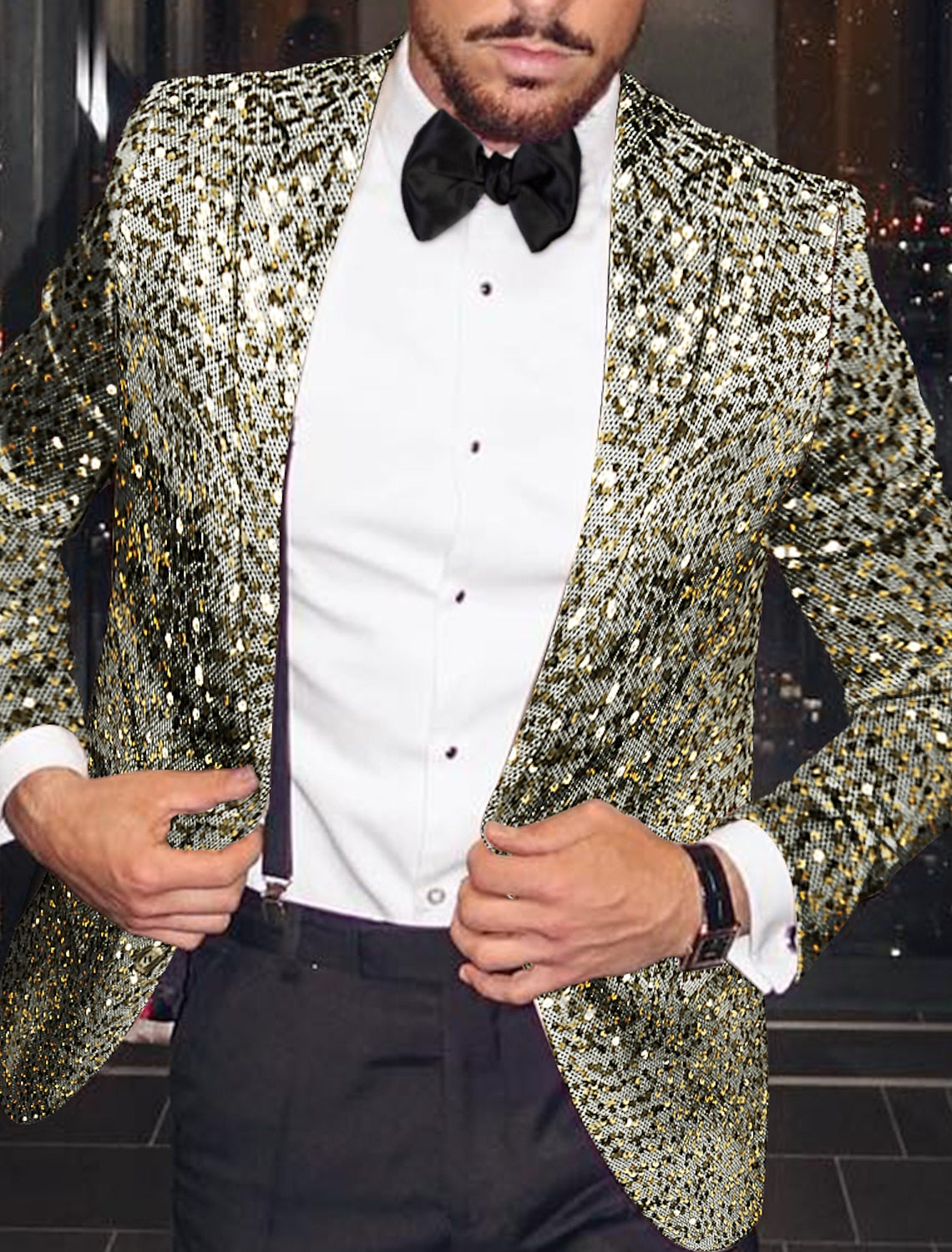 Men's Single-Breasted One-Button Tailored Fit Party Jacket In Gold And Silver Sequins