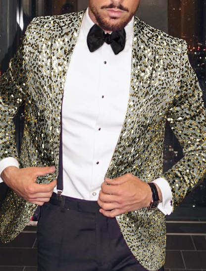 Men's Single-Breasted One-Button Tailored Fit Party Jacket In Gold And Silver Sequins