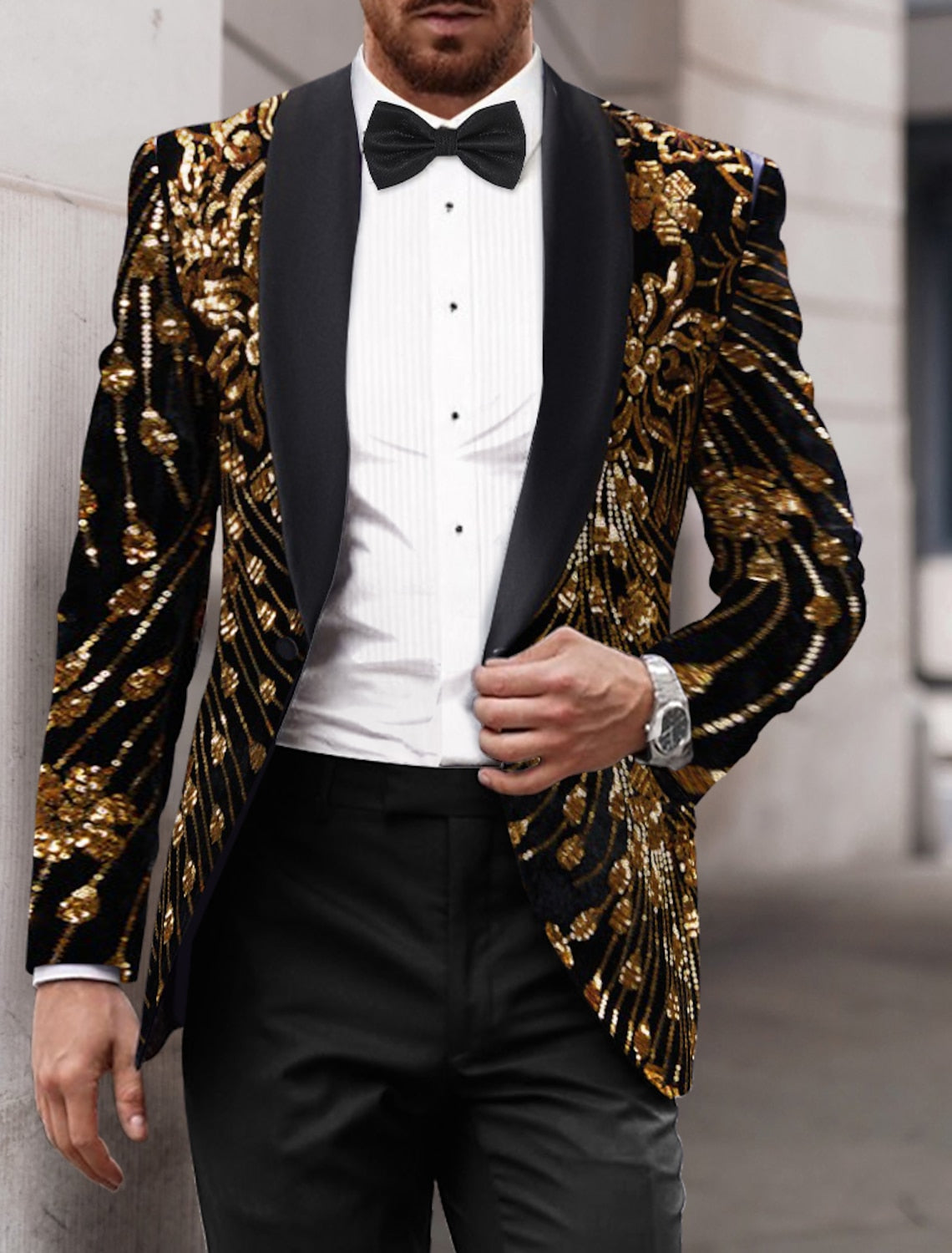 Men's Single-Breasted One-Button Tailored Fit Party Jacket In Gold Red And Green Sequins