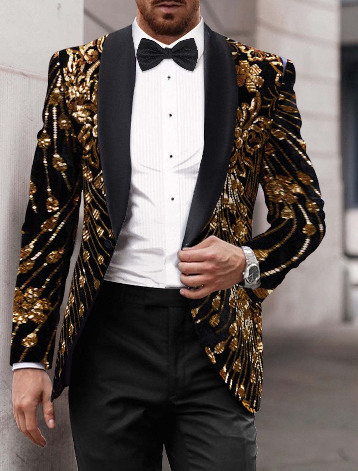 Men's Single-Breasted One-Button Tailored Fit Party Jacket In Gold Red And Green Sequins