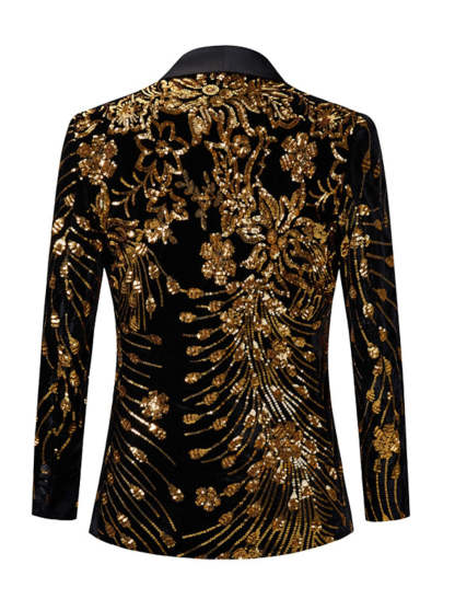 Men's Single-Breasted One-Button Tailored Fit Party Jacket In Gold Red And Green Sequins