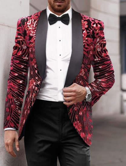 Men's Single-Breasted One-Button Tailored Fit Party Jacket In Gold Red And Green Sequins