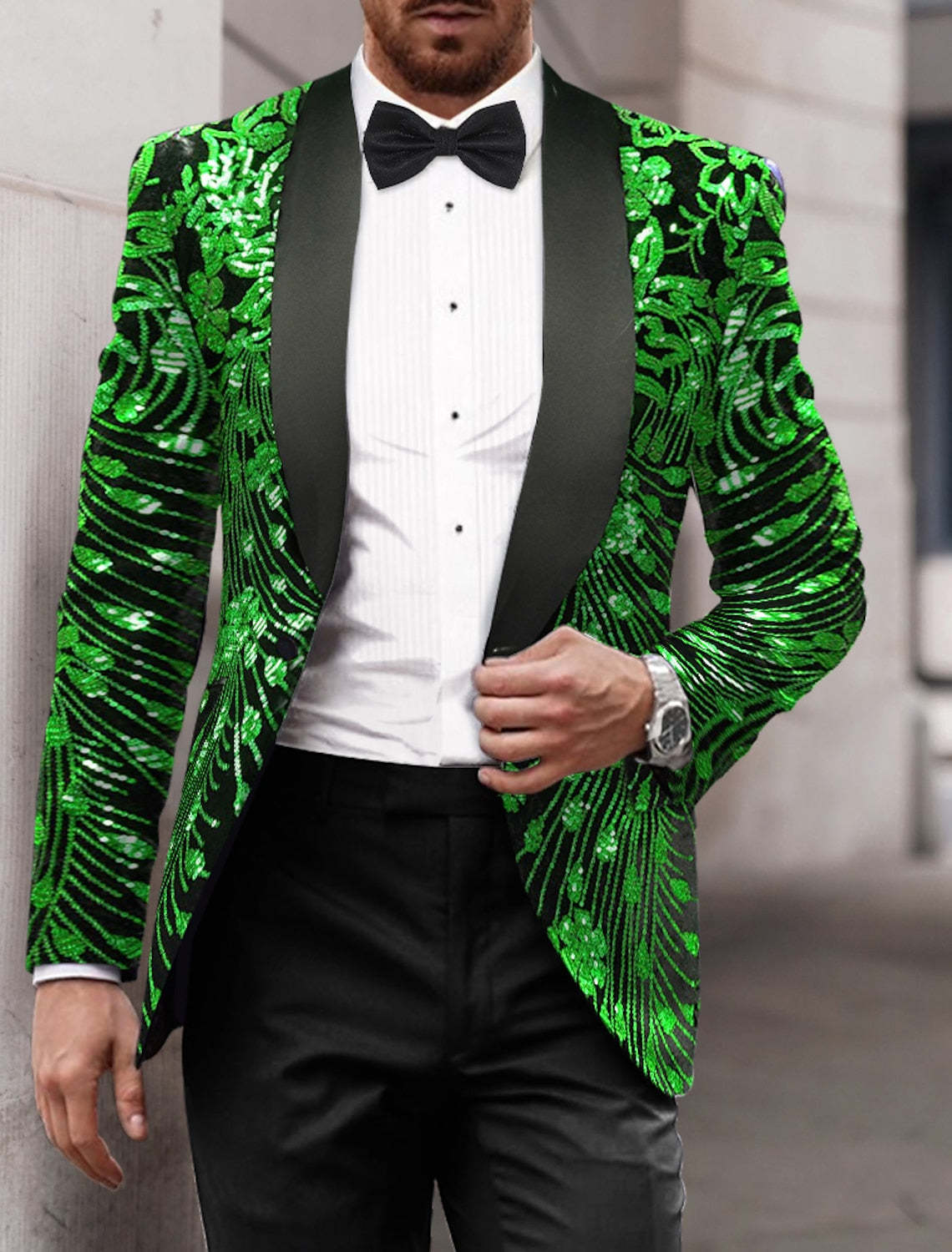 Men's Single-Breasted One-Button Tailored Fit Party Jacket In Gold Red And Green Sequins