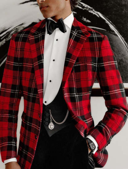 Men's Red Plaid Casual Jacket With Tailored Fit And Two-Button Single Breasted Design