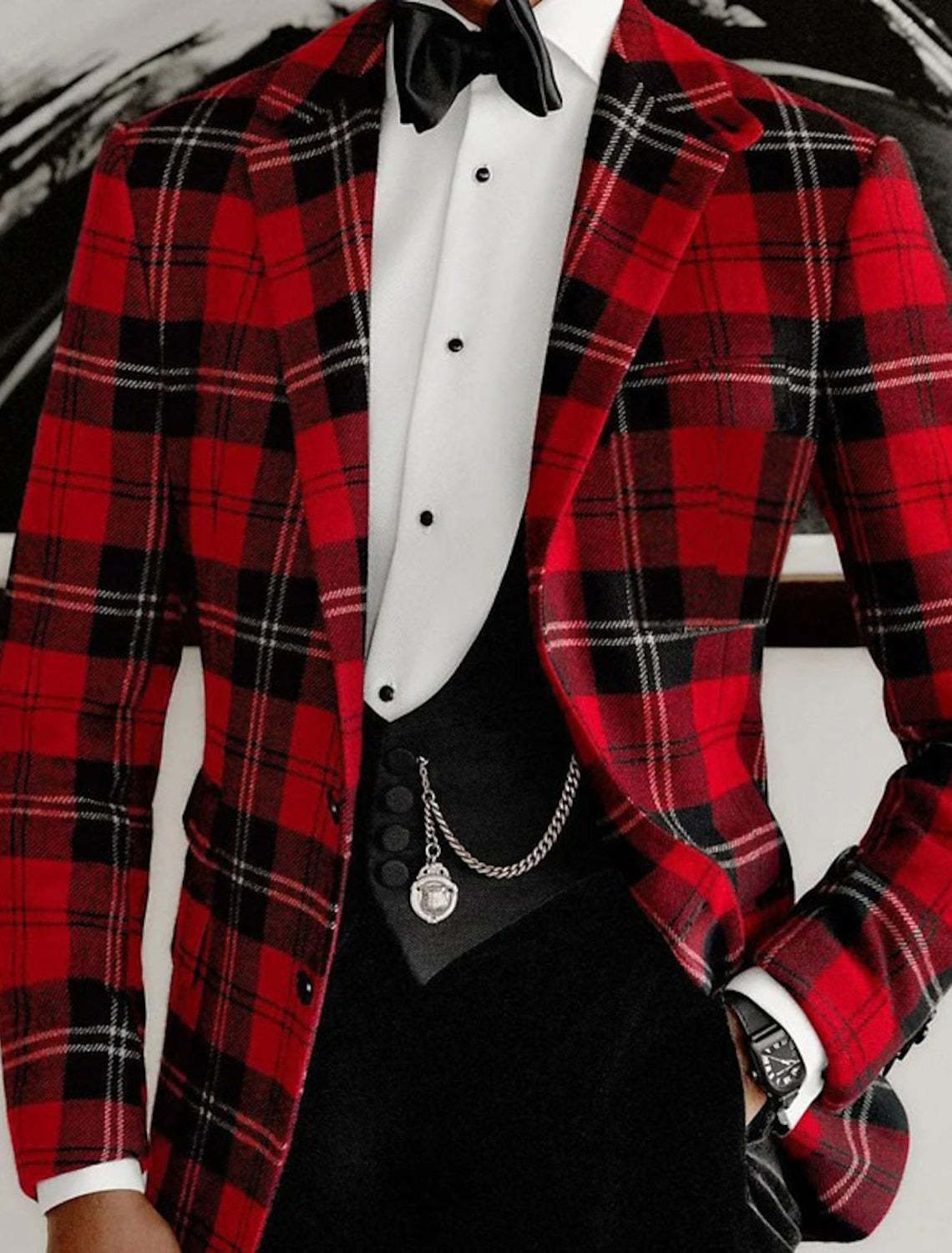 Men's Red Plaid Casual Jacket With Tailored Fit And Two-Button Single Breasted Design