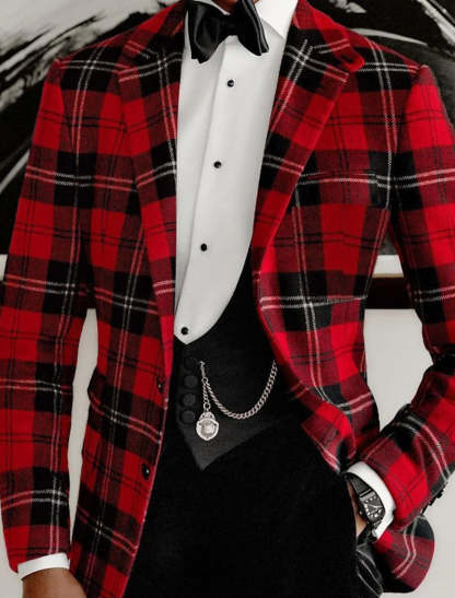 Men's Red Plaid Casual Jacket With Tailored Fit And Two-Button Single Breasted Design