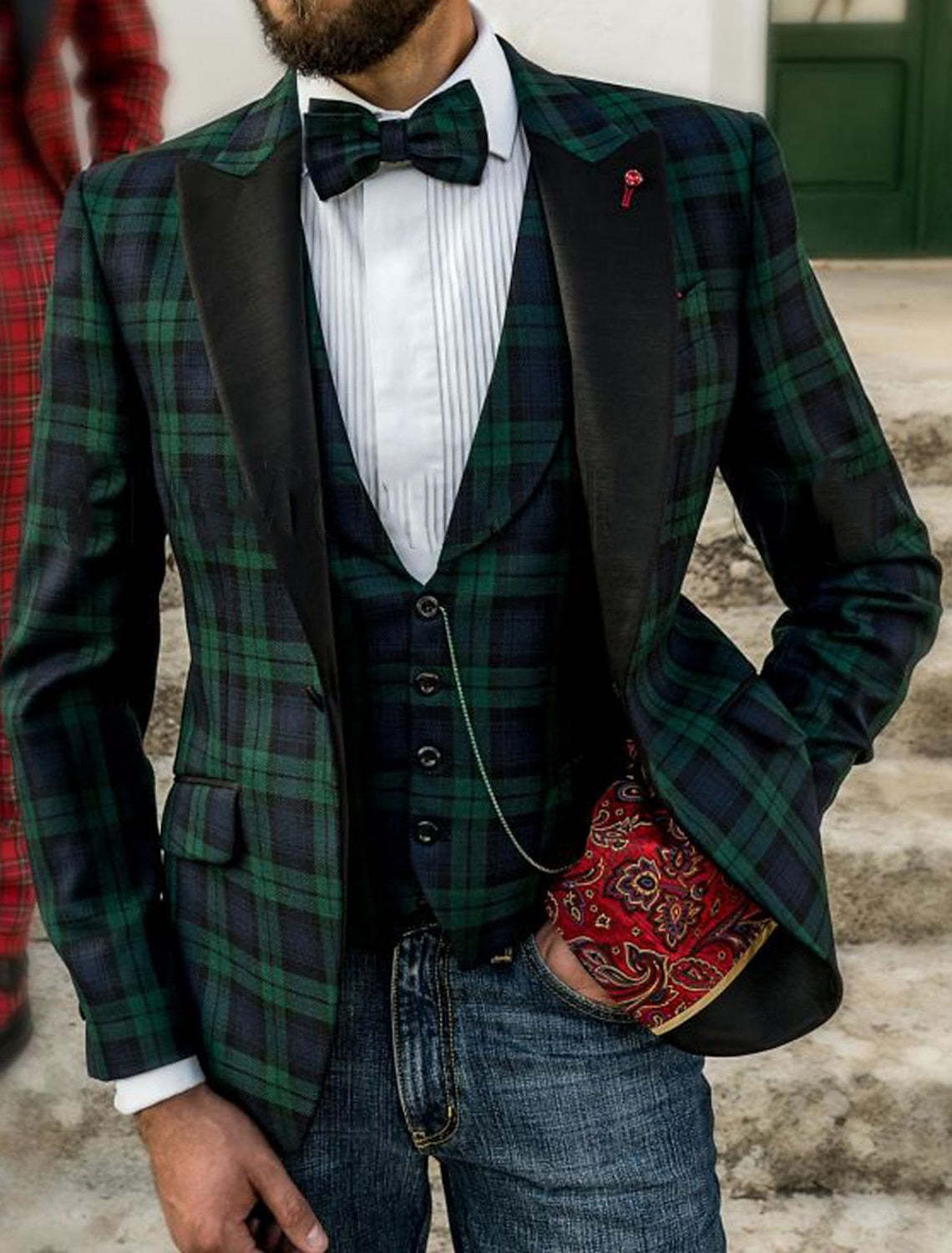 Men's Green Plaid Casual Jacket With Tailored Fit And Two-Button Single Breasted Design