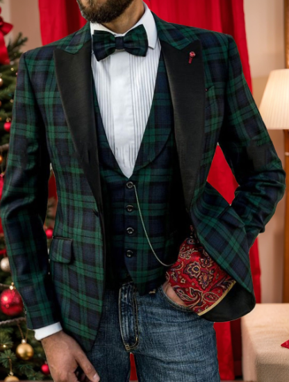 Men's Green Plaid Casual Jacket With Tailored Fit And Two-Button Single Breasted Design