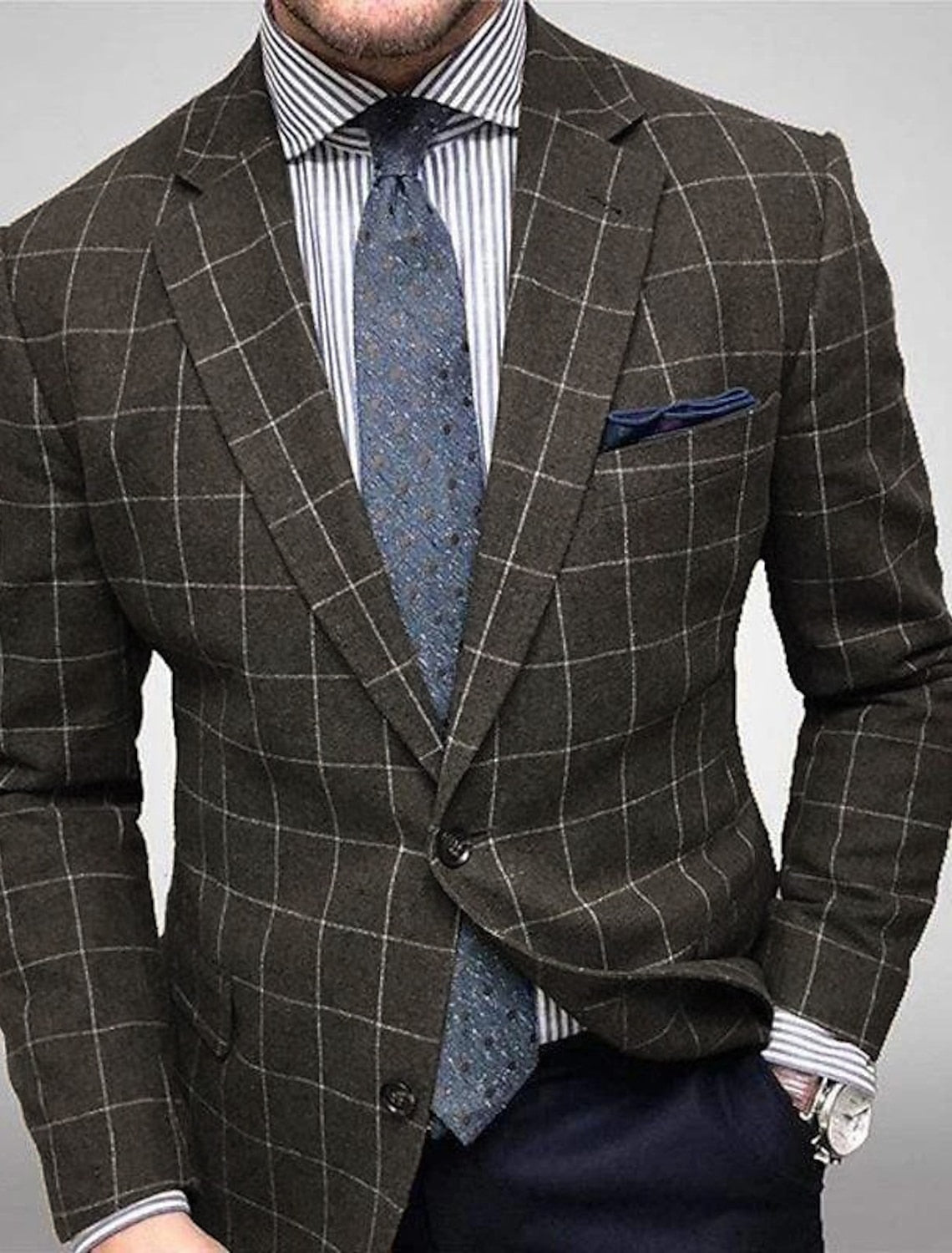 Men's Gray Plaid Casual Jacket With Tailored Fit And Two-Button Single Breasted Design