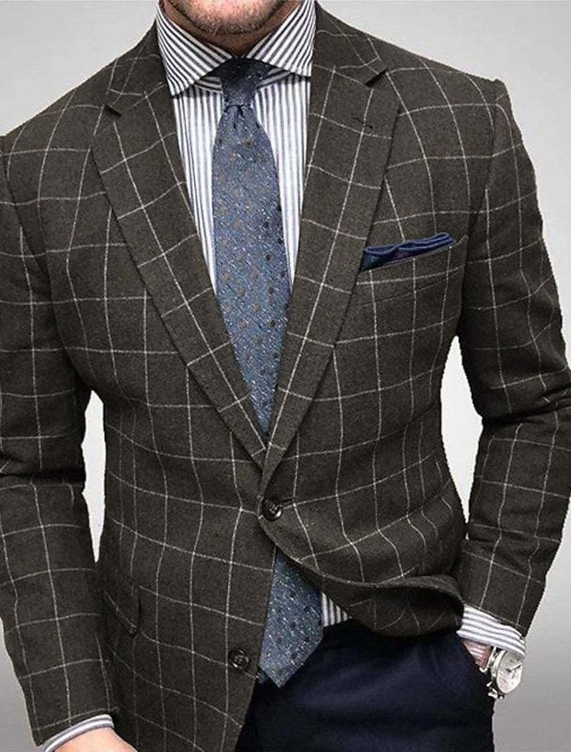 Men's Gray Plaid Casual Jacket With Tailored Fit And Two-Button Single Breasted Design