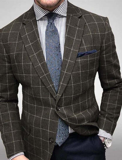 Men's Gray Plaid Casual Jacket With Tailored Fit And Two-Button Single Breasted Design