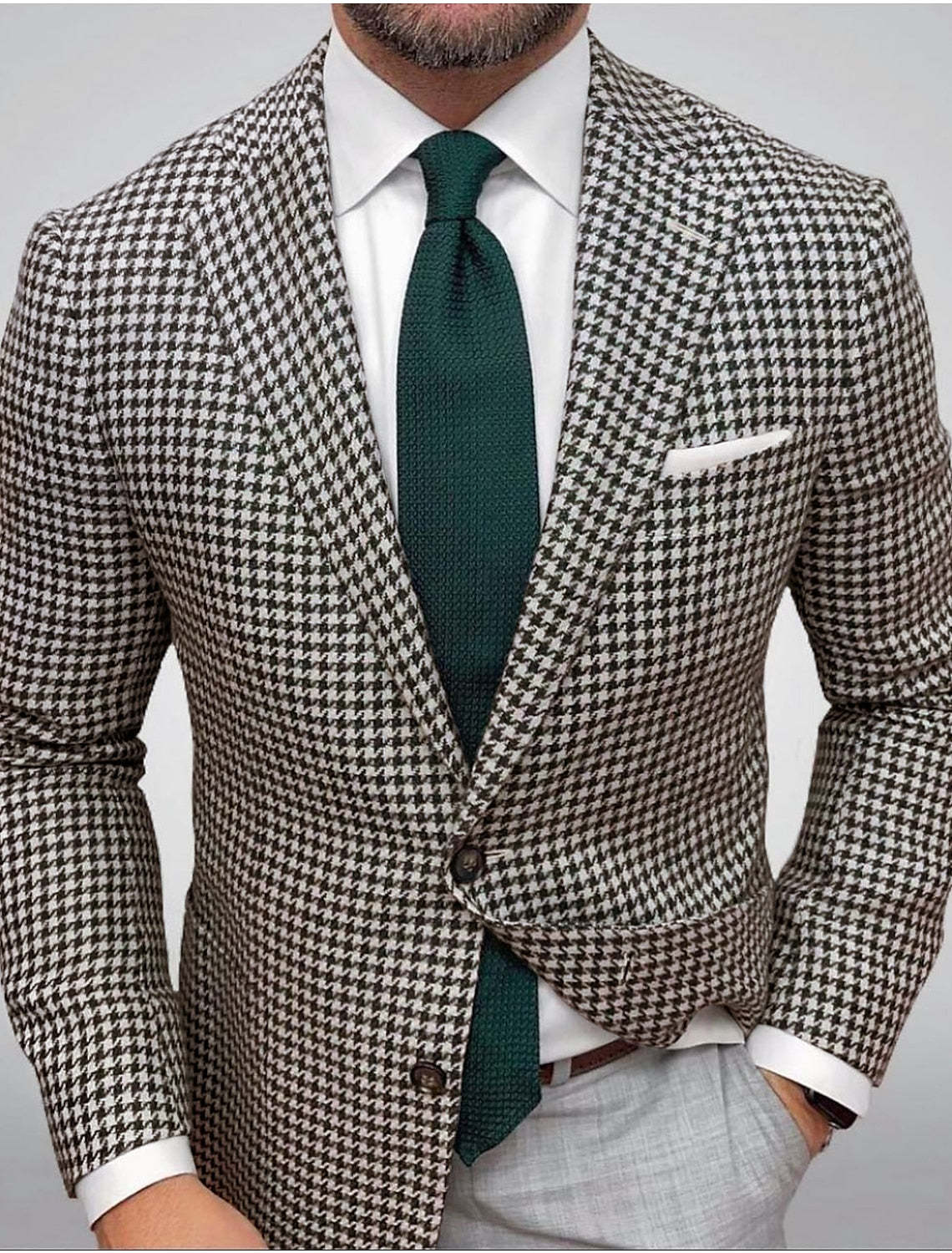 Men's Tailored Fit Houndstooth Casual Jacket In Green Red And Brown With Single Breasted Two-Button Design-BMbridal.UK