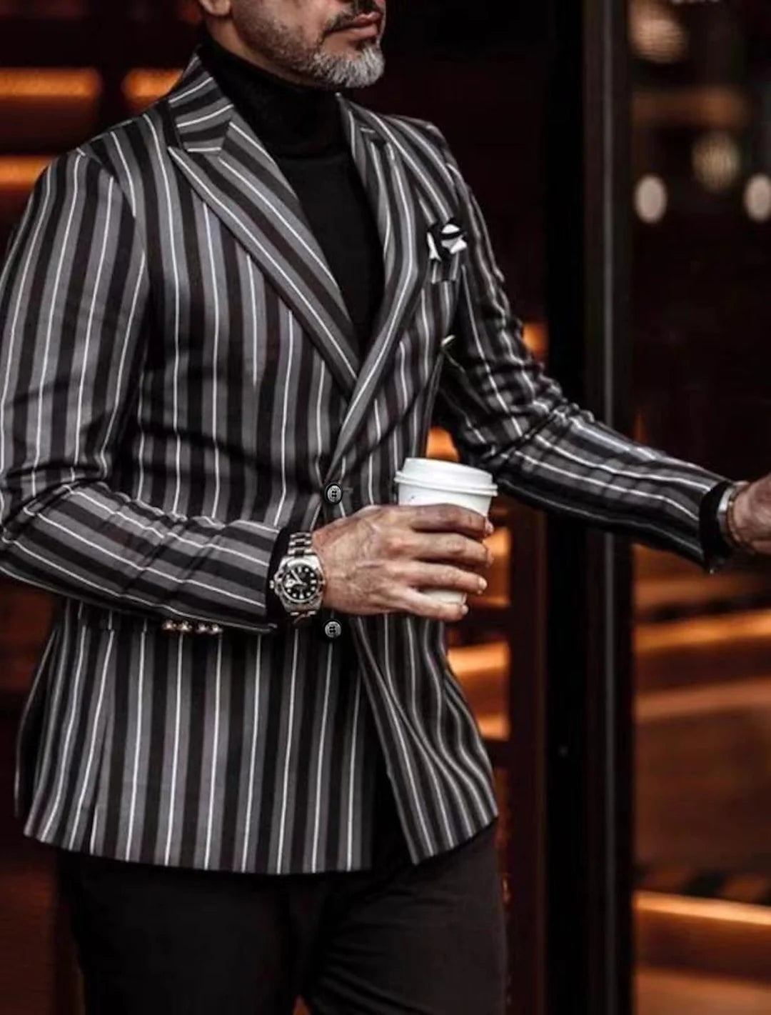 Striped Casual Jacket For Men With Double Breasted Tailored Fit And Four Buttons