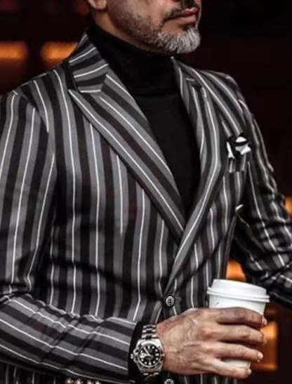 Striped Casual Jacket For Men With Double Breasted Tailored Fit And Four Buttons