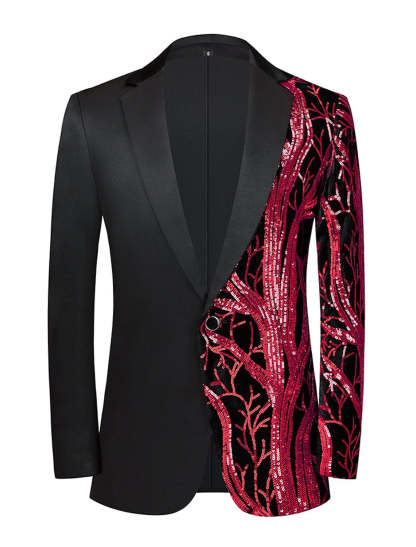 Men's Single-Breasted Gold Red Sequined Party Jacket With Tailored Fit