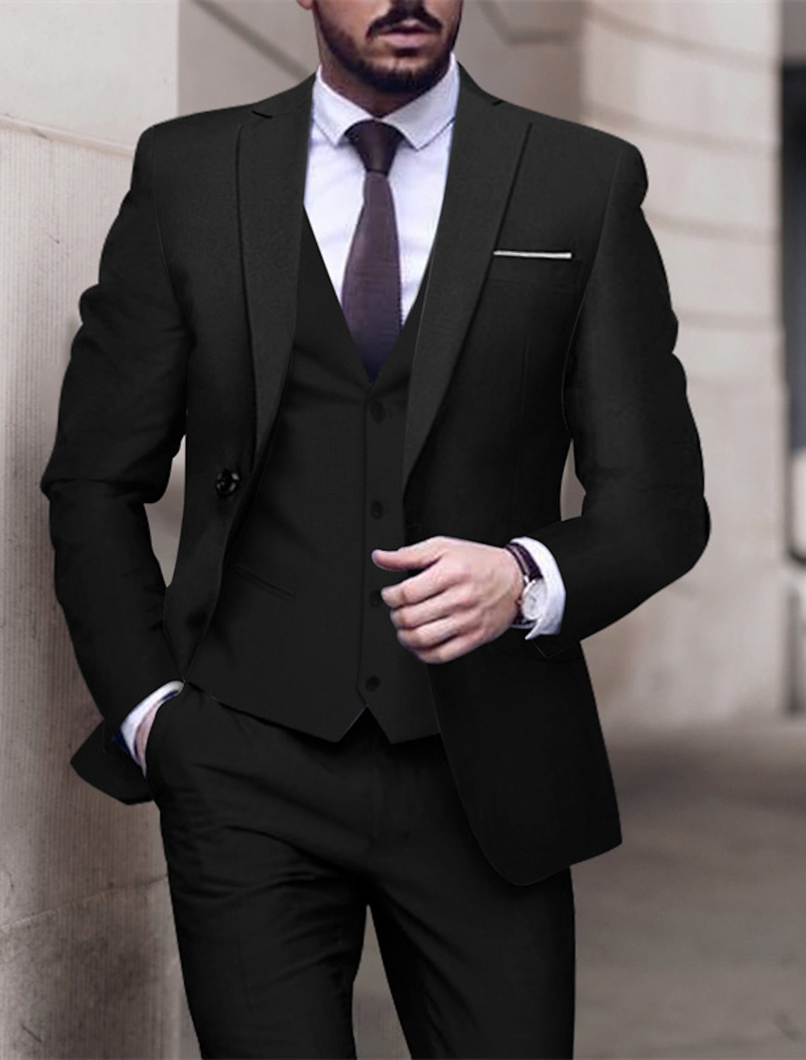 Single-Breasted One-Button Tailored Fit 3-Piece Wedding Suit For Men In Solid Colors