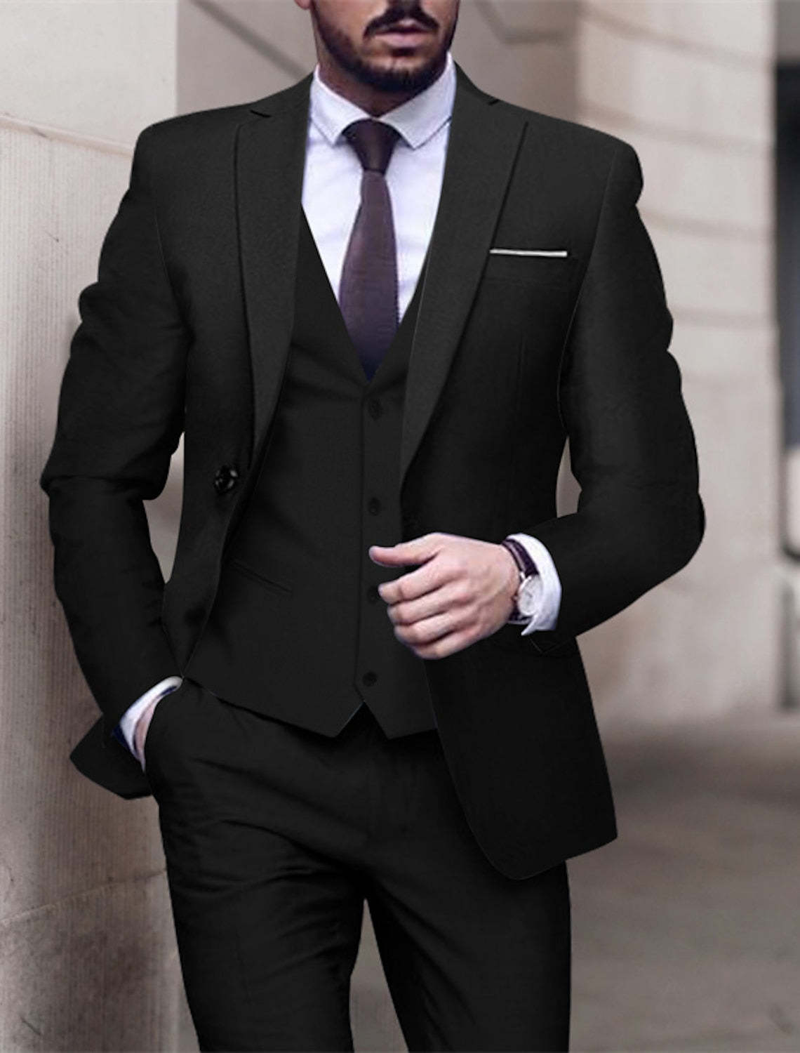 Single-Breasted One-Button Tailored Fit 3-Piece Wedding Suit For Men In Solid Colors