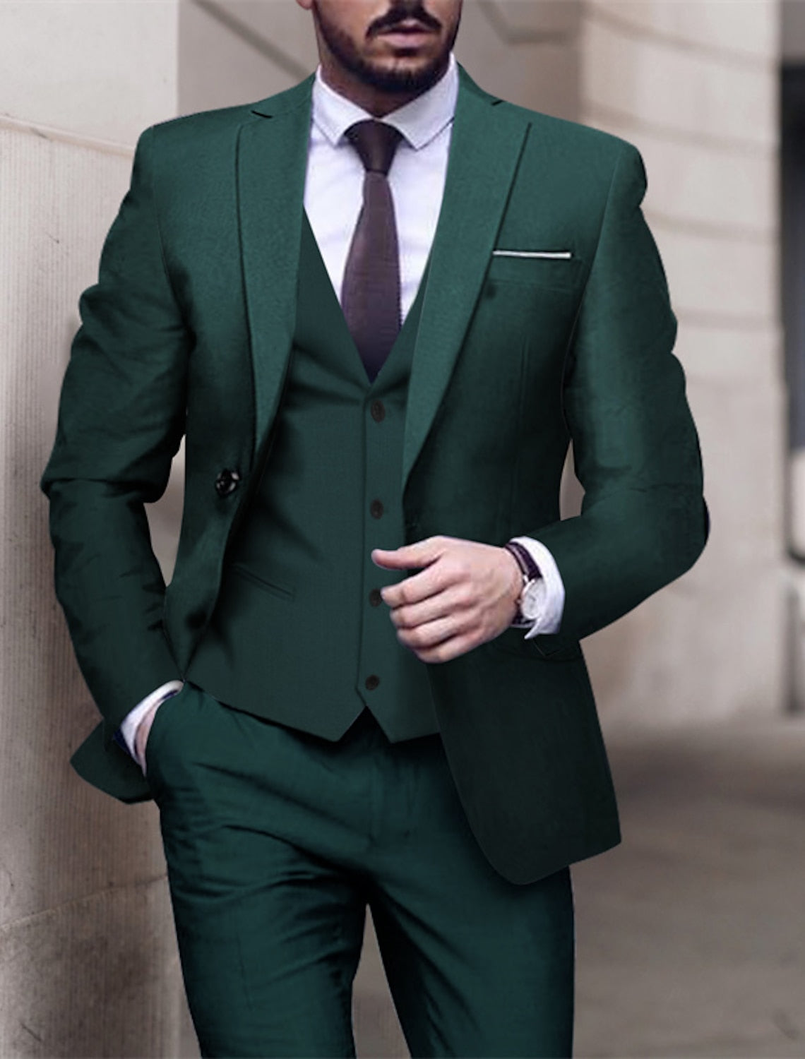 Single-Breasted One-Button Tailored Fit 3-Piece Wedding Suit For Men In Solid Colors