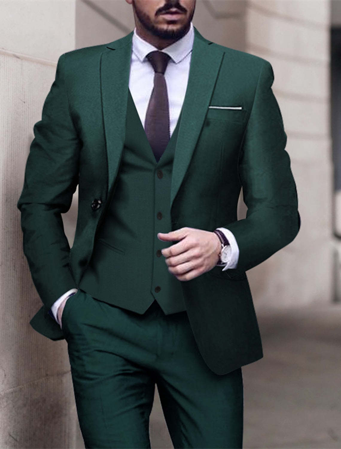 Single-Breasted One-Button Tailored Fit 3-Piece Wedding Suit For Men In Solid Colors