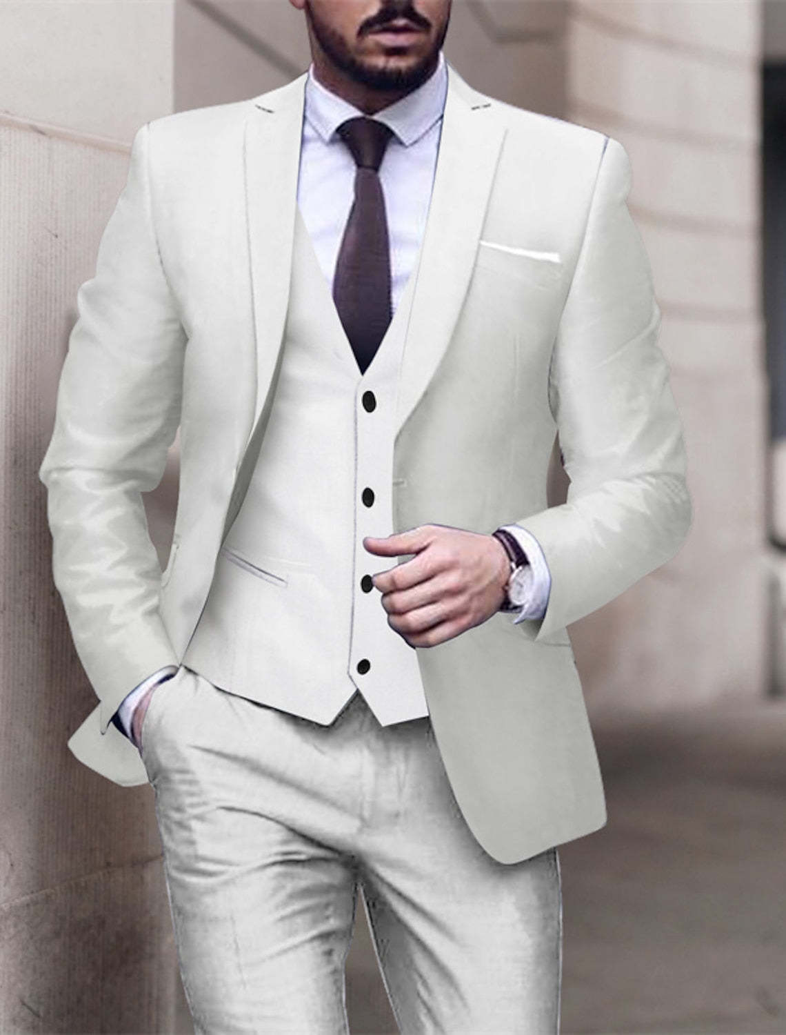 Single-Breasted One-Button Tailored Fit 3-Piece Wedding Suit For Men In Solid Colors