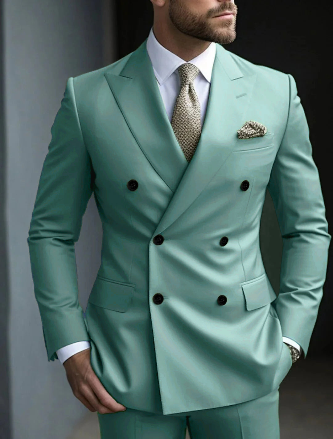 Men's Green Tailored Fit Double Breasted Six-Button Party Suit In 2 Solid Pieces