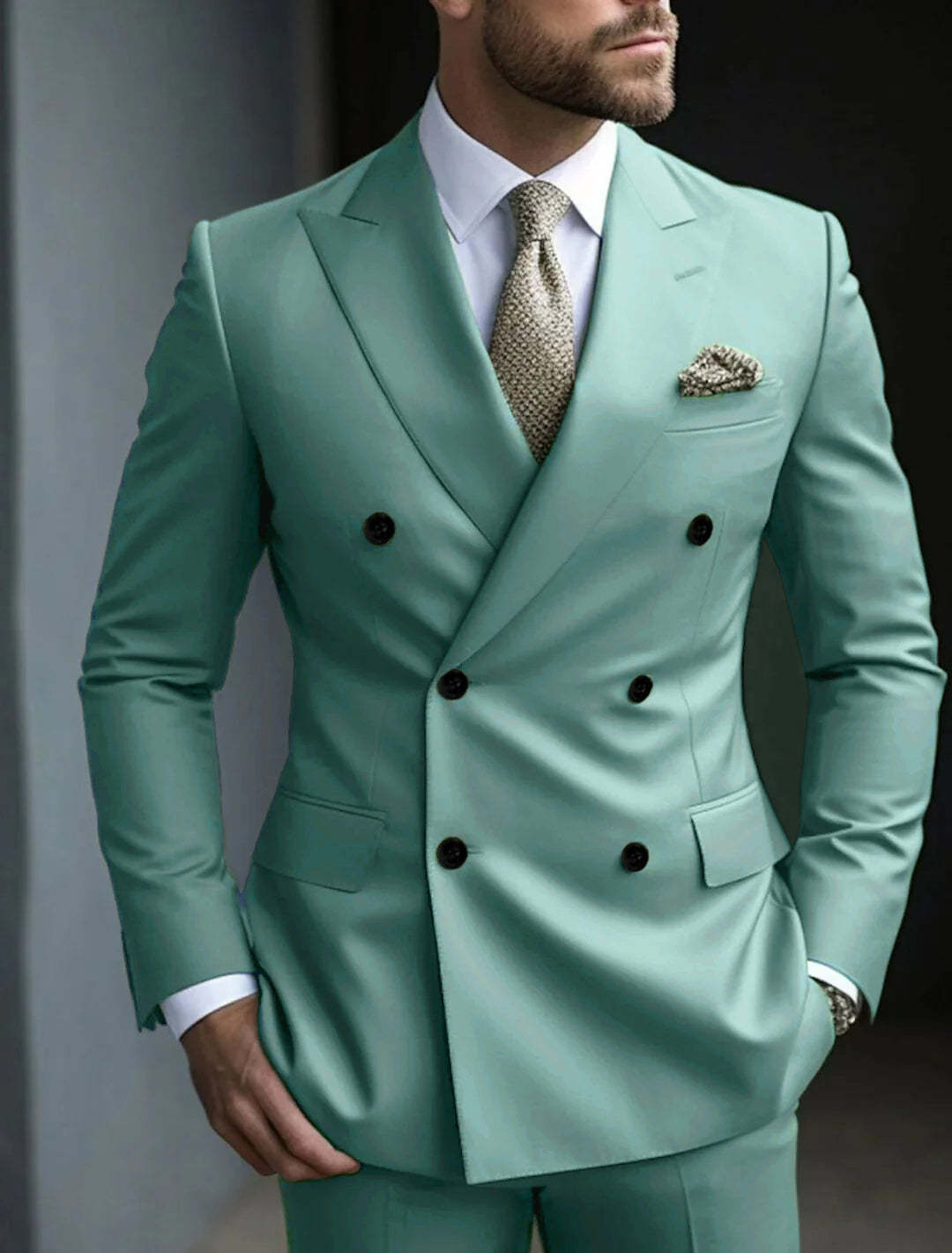 Men's Green Tailored Fit Double Breasted Six-Button Party Suit In 2 Solid Pieces