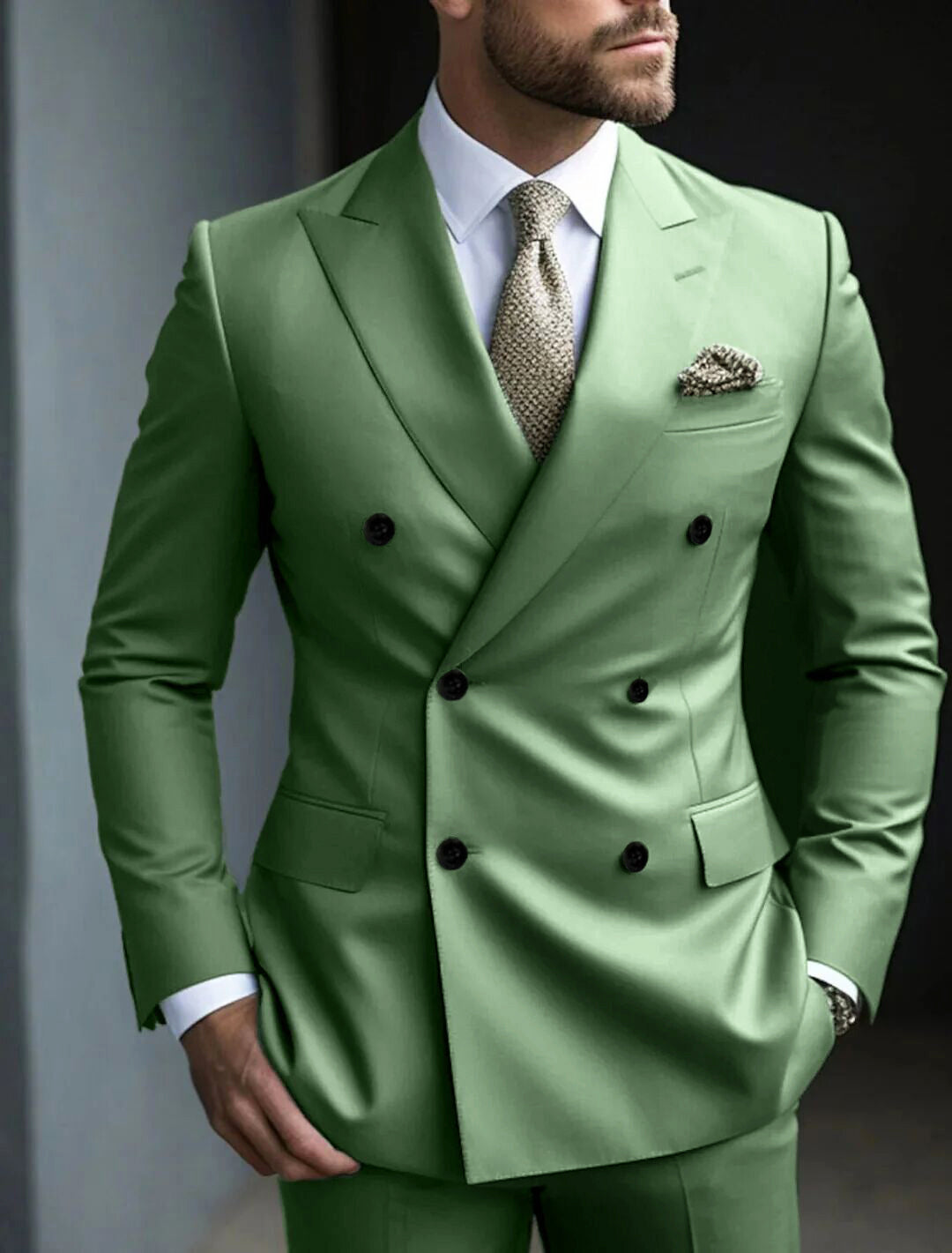 Men's Green Tailored Fit Double Breasted Six-Button Party Suit In 2 Solid Pieces