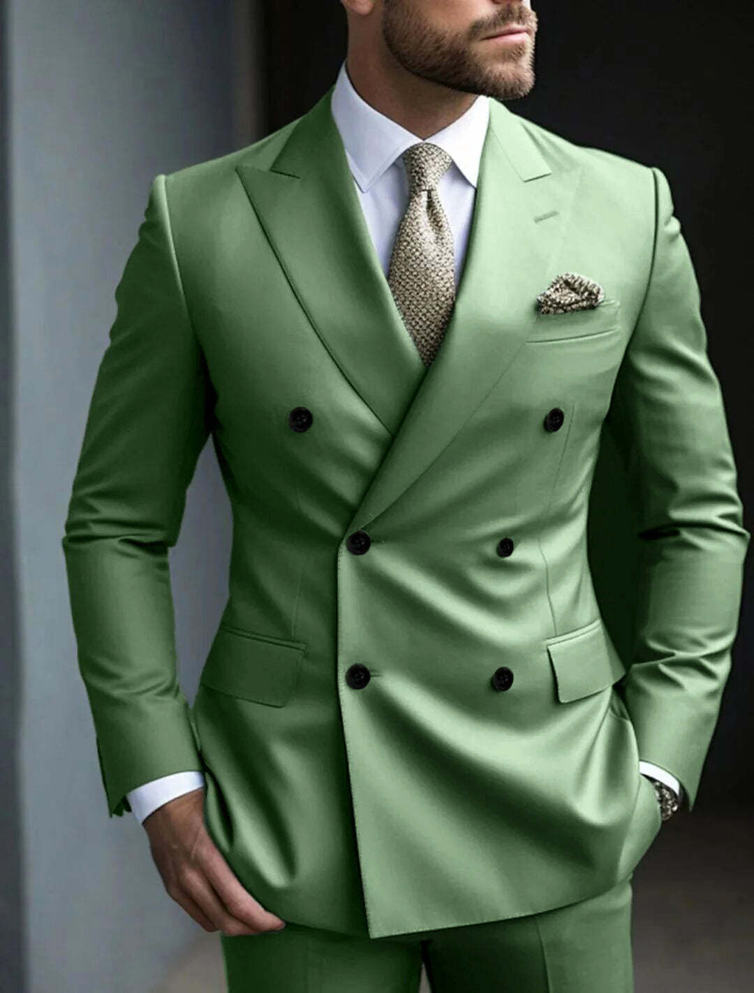 Men's Green Tailored Fit Double Breasted Six-Button Party Suit In 2 Solid Pieces
