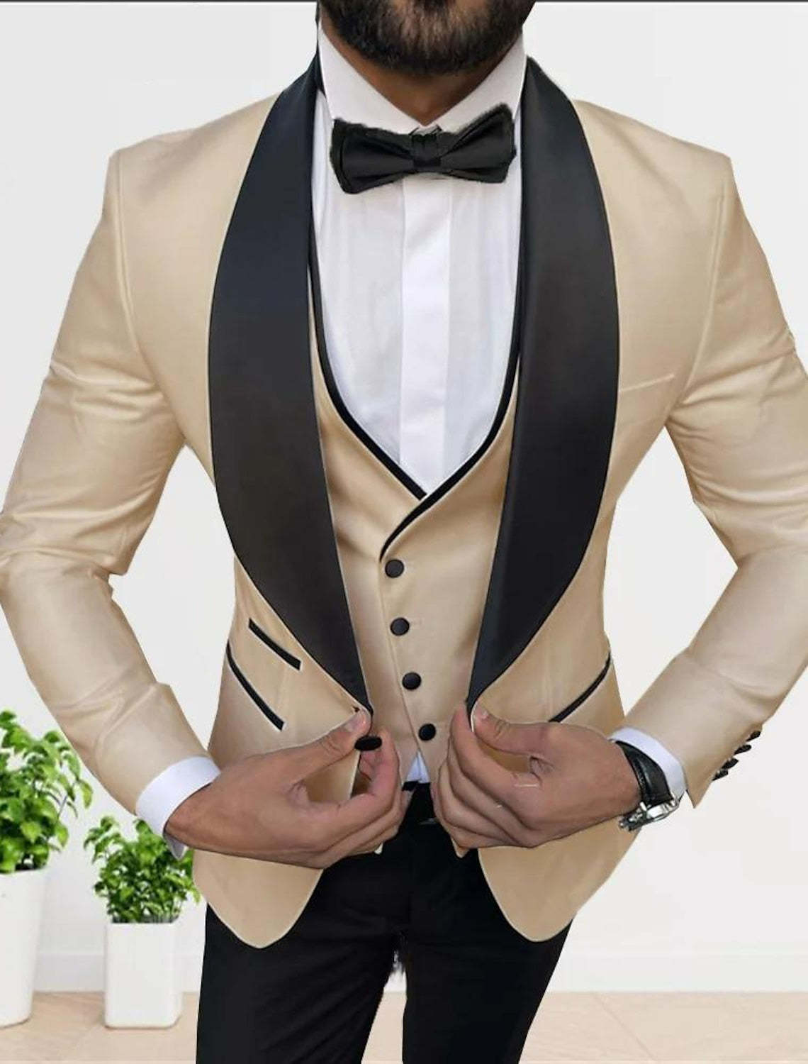 Men's Tailored Fit White Champagne Gray One-Button Single Breasted 3-Piece Party Suit