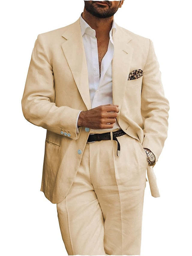 Two-Button Single-Breasted Linen Suit Set For Men Tailored Fit