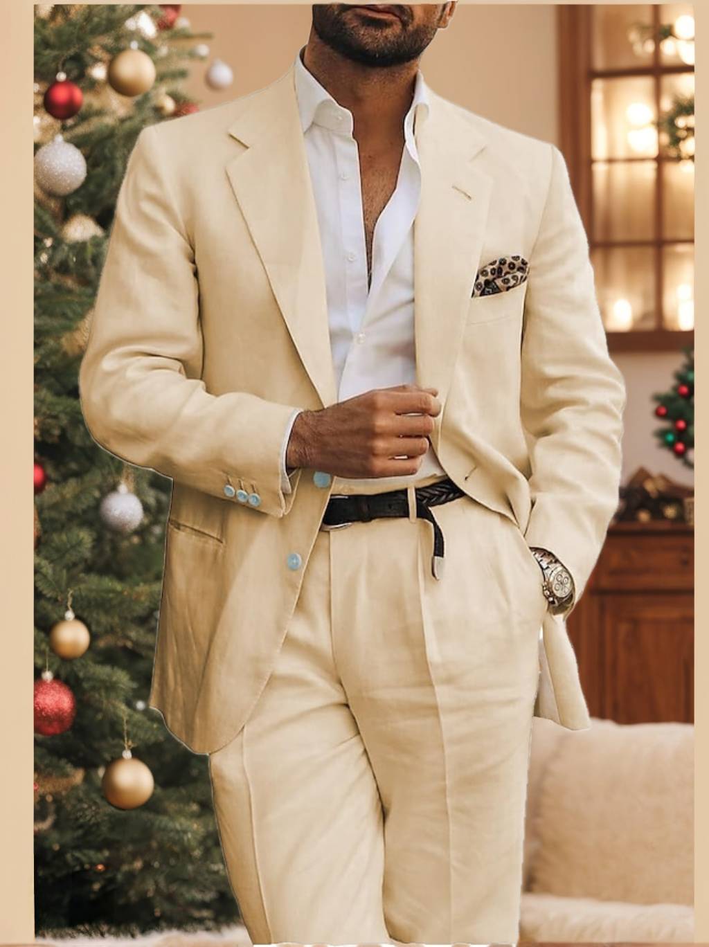 Two-Button Single-Breasted Linen Suit Set For Men Tailored Fit