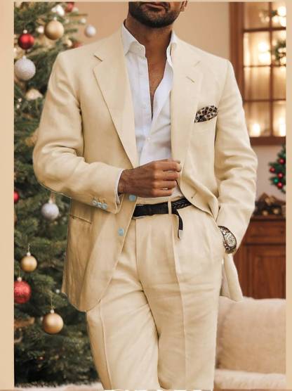 Two-Button Single-Breasted Linen Suit Set For Men Tailored Fit