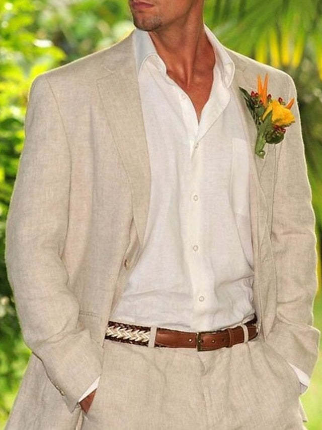 Two-Button Single-Breasted Linen Suit Set For Men Tailored Fit