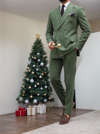 Double-Breasted Six-Button Tailored Fit Wedding Suit For Men 2-Piece Set