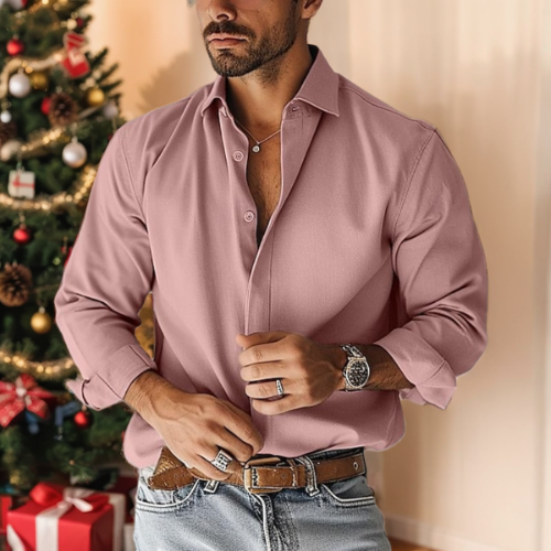 Solid Color Long Sleeve Casual Shirt For Men In Cotton Blend
