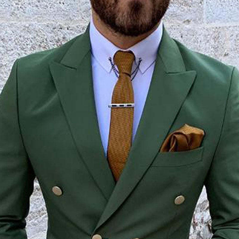 Double Breasted Six-Button Men's Wedding Suit In Solid Colors Tailored Fit 2-Piece Set