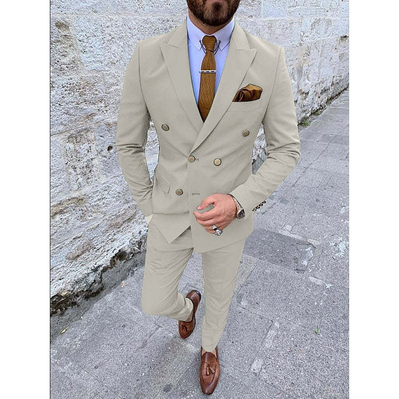 Double Breasted Six-Button Men's Wedding Suit In Solid Colors Tailored Fit 2-Piece Set