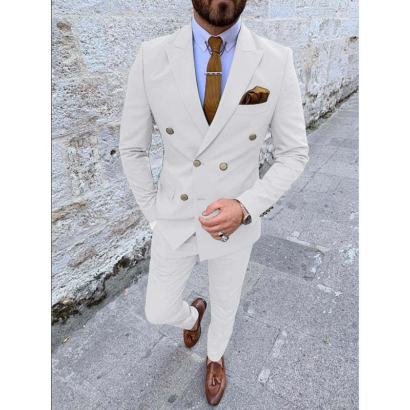 Double Breasted Six-Button Men's Wedding Suit In Solid Colors Tailored Fit 2-Piece Set