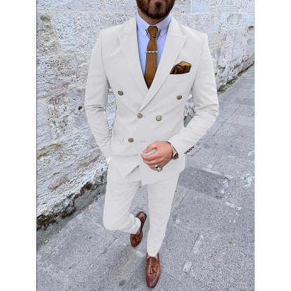 Double Breasted Six-Button Men's Wedding Suit In Solid Colors Tailored Fit 2-Piece Set