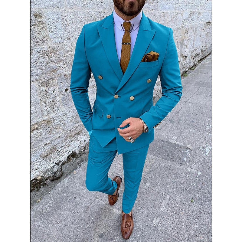 Double Breasted Six-Button Men's Wedding Suit In Solid Colors Tailored Fit 2-Piece Set