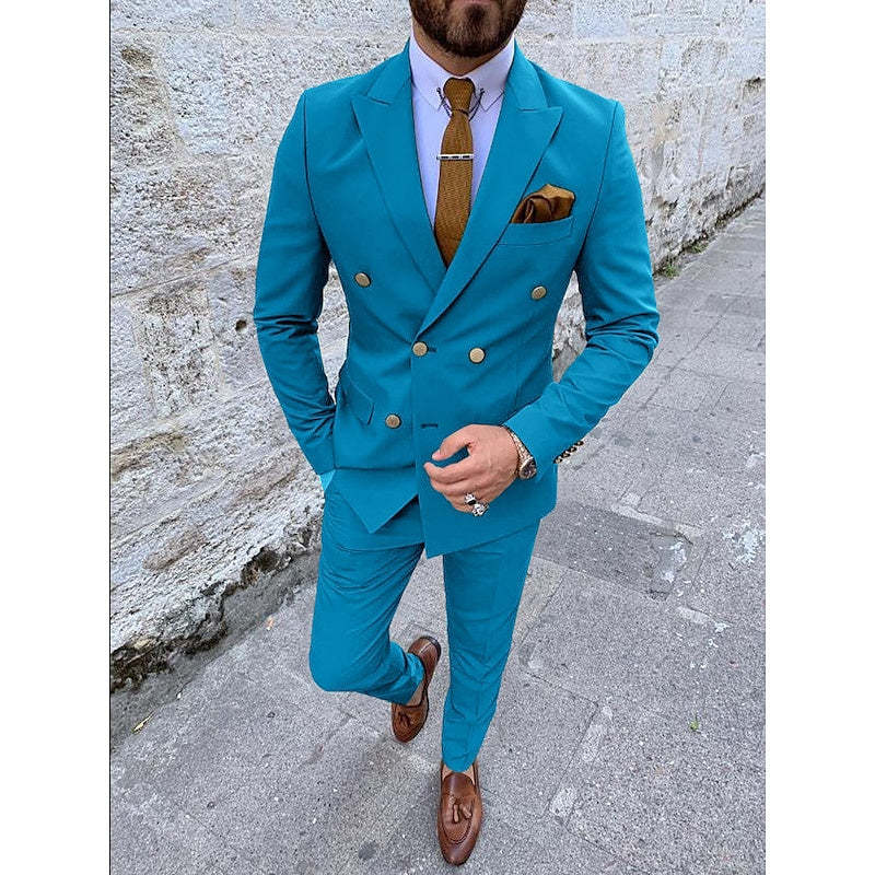 Double Breasted Six-Button Men's Wedding Suit In Solid Colors Tailored Fit 2-Piece Set
